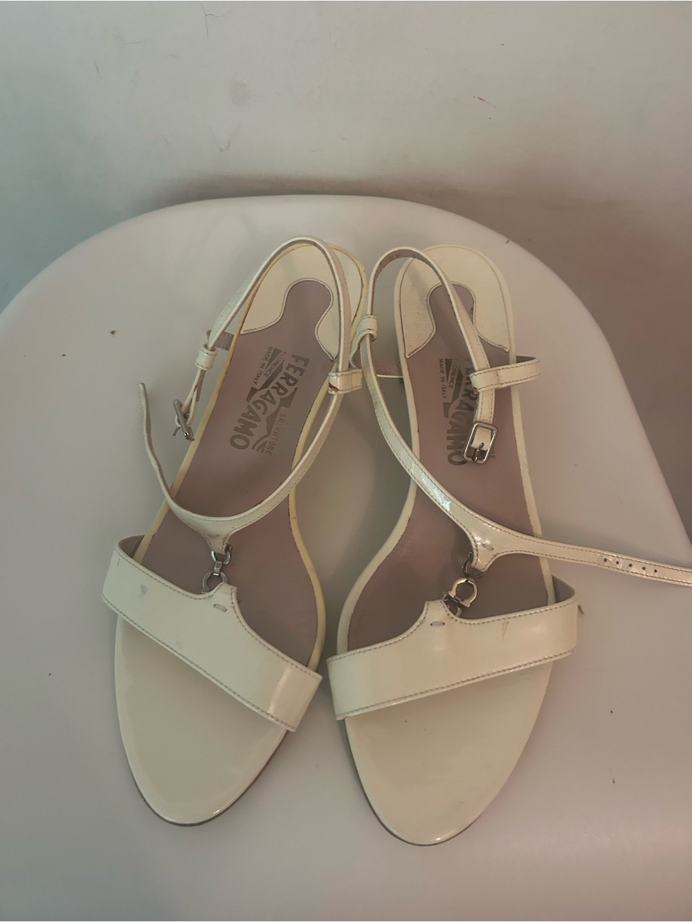 Salvatore Ferragamo Cream Patent Leather T-Strap Sandals